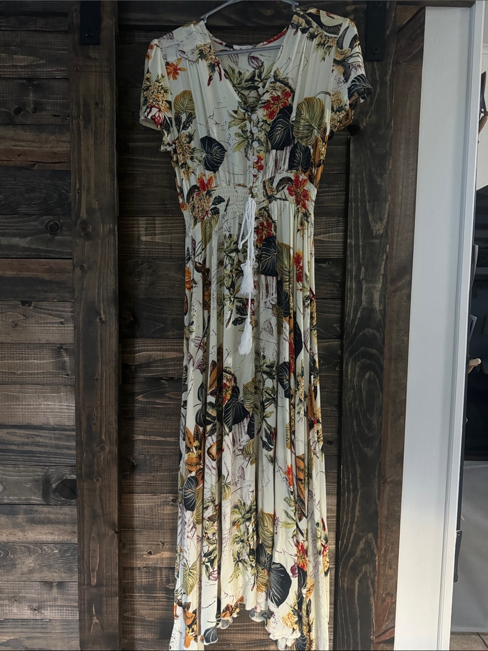 Ivory Botanical Tie-Waist Maxi Dress